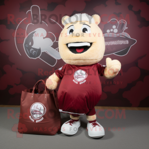 Maroon Fried Rice mascot costume character dressed with a Rugby Shirt and Tote bags