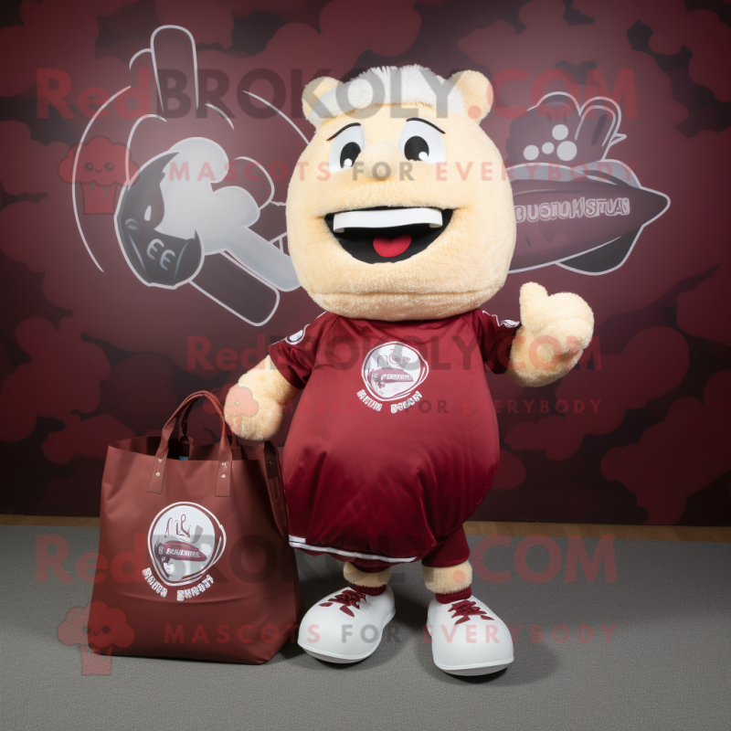 Maroon Fried Rice mascot costume character dressed with a Rugby Shirt and Tote bags Maroon Fried Rice mascot costume character dressed with a Rugby Shirt and Tote bags