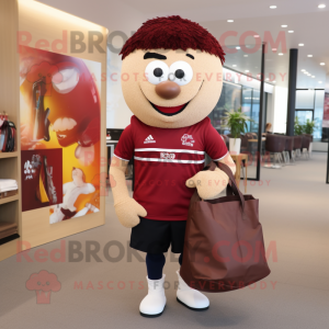 Maroon Fried Rice mascot costume character dressed with a Rugby Shirt and Tote bags