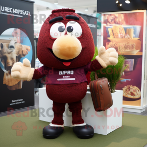 Maroon Fried Rice mascot costume character dressed with a Rugby Shirt and Tote bags