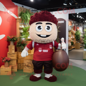 Maroon Fried Rice mascot costume character dressed with a Rugby Shirt and Tote bags