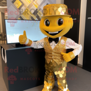 Gold Bracelet mascot costume character dressed with a Vest and Bow ties