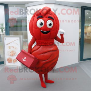 Red Croissant mascot costume character dressed with a Pencil Skirt and Clutch bags