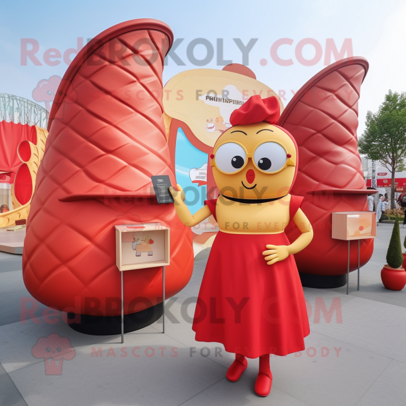 Red Croissant mascot costume character dressed with a Pencil Skirt and Clutch bags