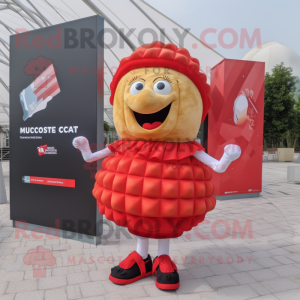 Red Croissant mascot costume character dressed with a Pencil Skirt and Clutch bags