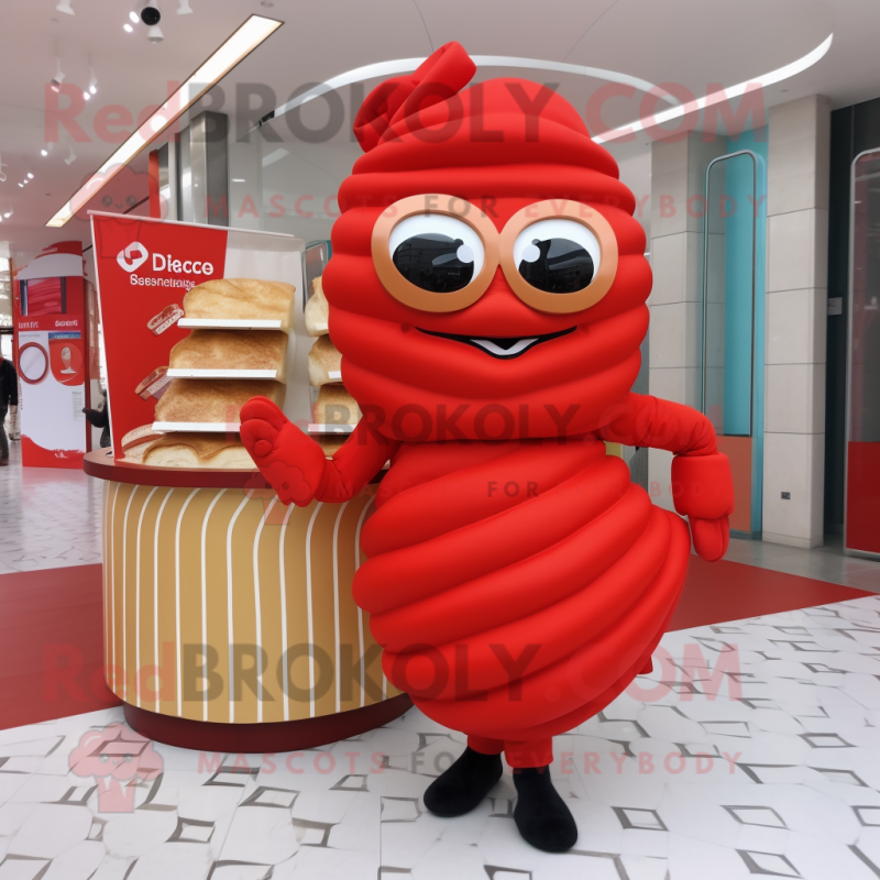 Red Croissant mascot costume character dressed with a Pencil Skirt and Clutch bags