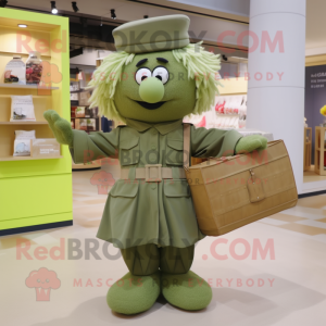 Olive Soldier mascot costume character dressed with a Pleated Skirt and Handbags