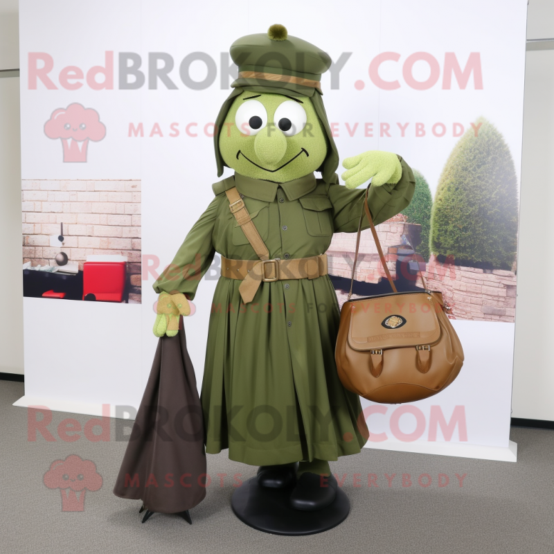 Olive Soldier mascot costume character dressed with a Pleated Skirt and Handbags