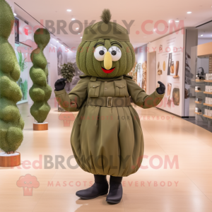 Olive Soldier mascot costume character dressed with a Pleated Skirt and Handbags