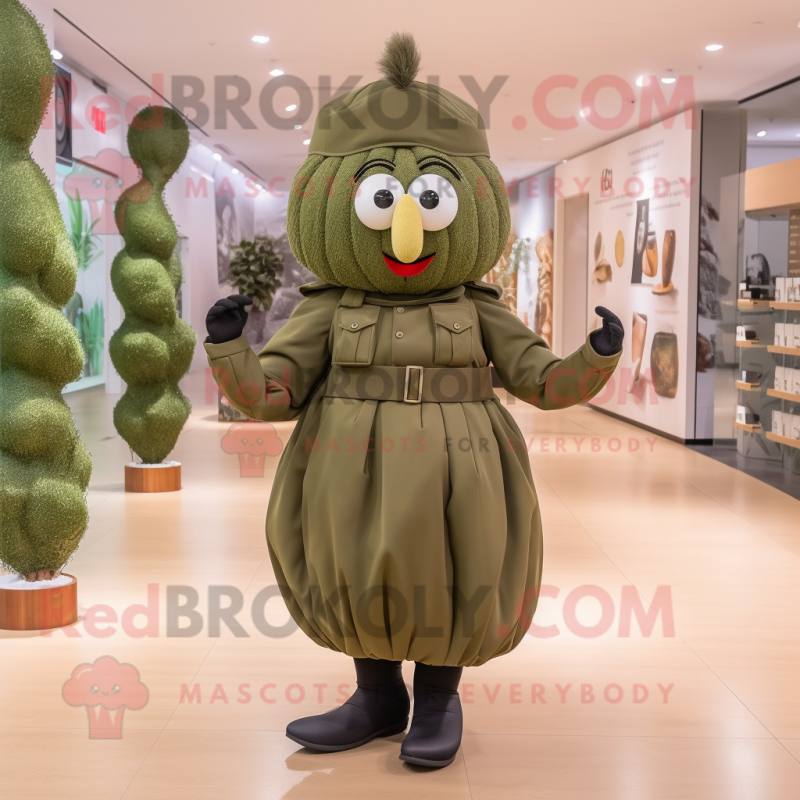 Olive Soldier mascot costume character dressed with a Pleated Skirt and Handbags