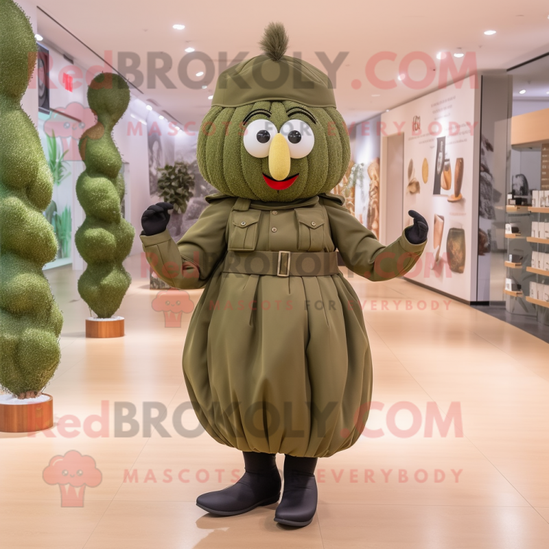 Olive Soldier mascot costume character dressed with a Pleated Skirt and Handbags Olive Soldier mascot costume character dressed with a Pleated Skirt and Handbags