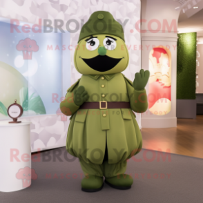 Olive Soldier mascot costume character dressed with a Pleated Skirt and Handbags