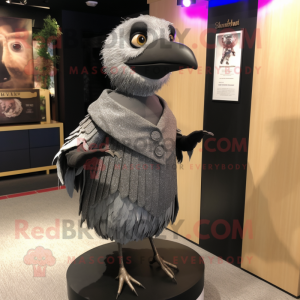 Silver Blackbird mascot costume character dressed with a Dress and Lapel pins
