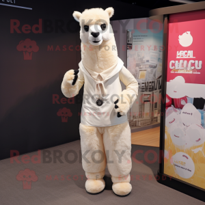 Cream Llama mascot costume character dressed with a Suit Pants and Coin purses