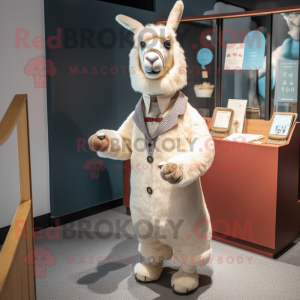 Cream Llama mascot costume character dressed with a Suit Pants and Coin purses