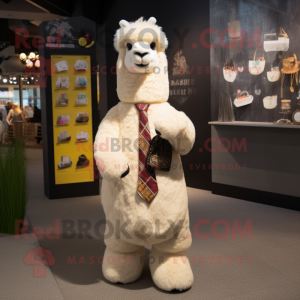Cream Llama mascot costume character dressed with a Suit Pants and Coin purses