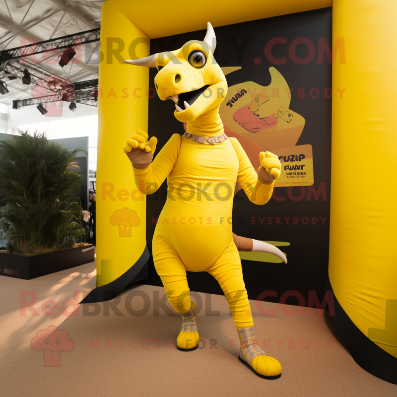 Yellow Parasaurolophus mascot costume character dressed with a Leggings and Bracelets Yellow Parasaurolophus mascot costume character dressed with a Leggings and Bracelets