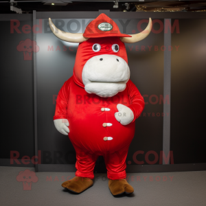 Red Beef Wellington mascot costume character dressed with a Jeggings and Hat pins