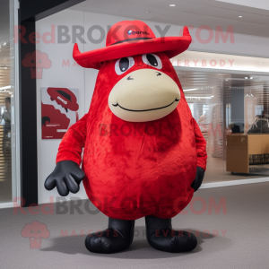 Red Beef Wellington mascot costume character dressed with a Jeggings and Hat pins