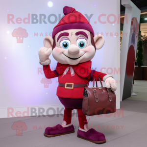 Maroon Elf mascot costume character dressed with a Dress Pants and Handbags