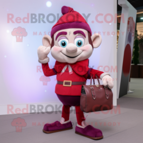 Maroon Elf mascot costume character dressed with a Dress Pants and Handbags