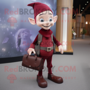 Maroon Elf mascot costume character dressed with a Dress Pants and Handbags