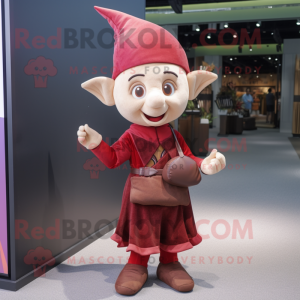 Maroon Elf mascot costume character dressed with a Dress Pants and Handbags
