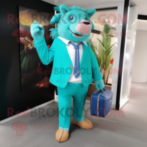 Turquoise Wild Boar mascot costume character dressed with a Suit Pants and Messenger bags