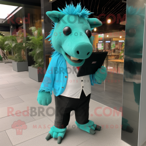 Turquoise Wild Boar mascot costume character dressed with a Suit Pants and Messenger bags