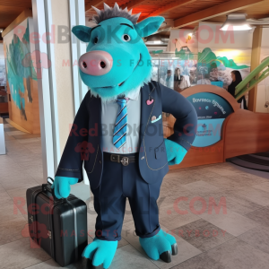 Turquoise Wild Boar mascot costume character dressed with a Suit Pants and Messenger bags