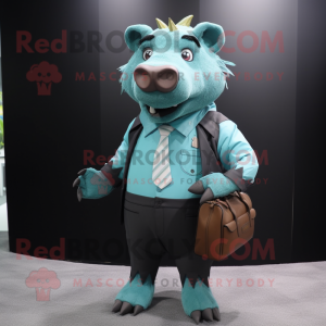Turquoise Wild Boar mascot costume character dressed with a Suit Pants and Messenger bags