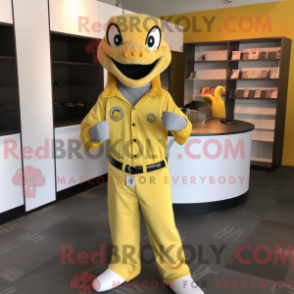 Gul python maskotdräkt med henleyskjorta och slagpärlor - Python Mascots - REBROKO_325476 - RedBrokoly.com