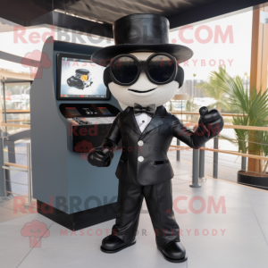 Black Gyro mascot costume character dressed with a Tuxedo and Sunglasses