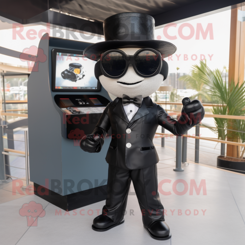 Black Gyro mascot costume character dressed with a Tuxedo and Sunglasses Black Gyro mascot costume character dressed with a Tuxedo and Sunglasses
