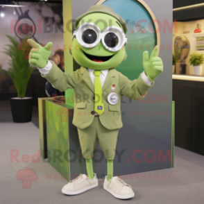 Olive Momentum mascot costume character dressed with a Blazer and Bracelet watches