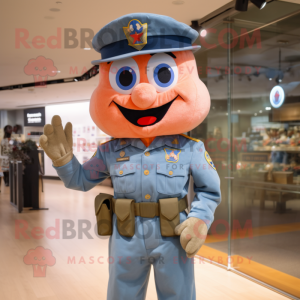 Peach American Soldier mascot costume character dressed with a Denim Shorts and Suspenders