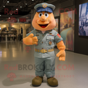 Peach American Soldier mascot costume character dressed with a Denim Shorts and Suspenders