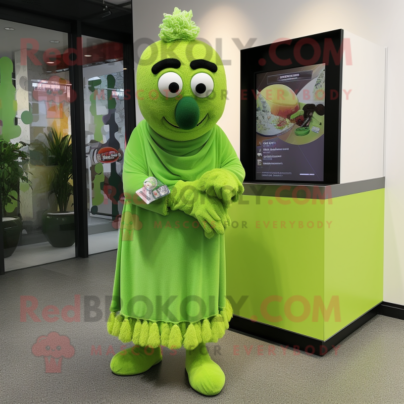Lime Green Shepard'S Pie mascot costume character dressed with a Midi Dress and Scarf clips Lime Green Shepard'S Pie mascot costume character dressed with a Midi Dress and Scarf clips