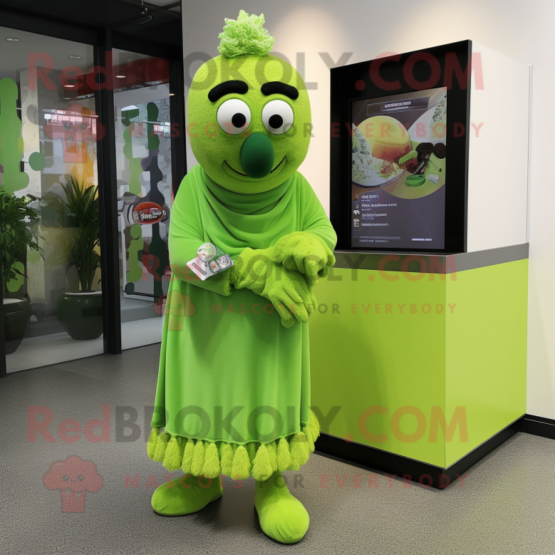 Lime Green Shepard'S Pie mascot costume character dressed with a Midi Dress and Scarf clips