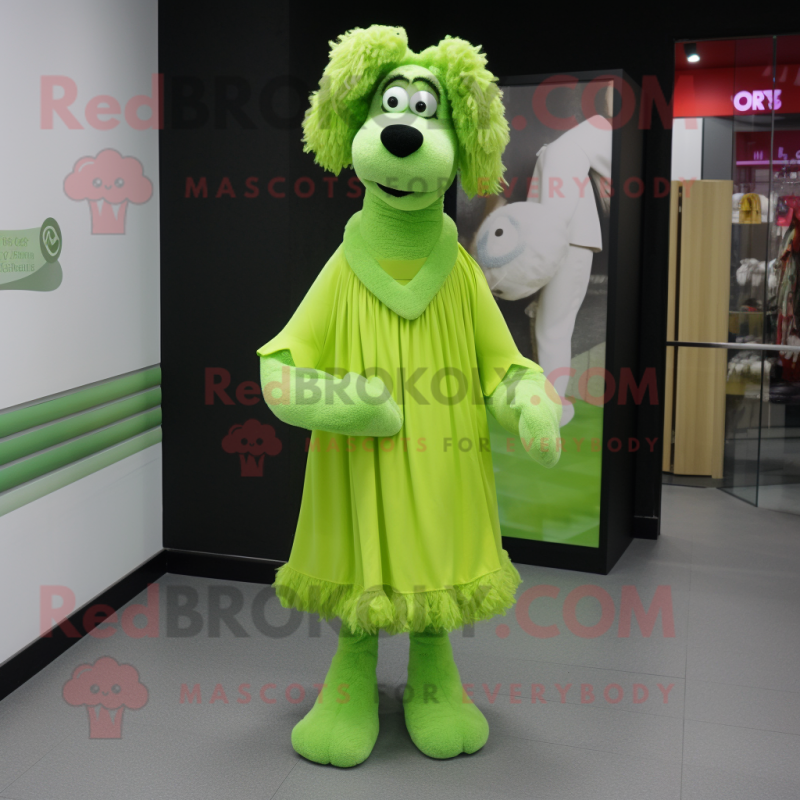 Lime Green Shepard'S Pie mascot costume character dressed with a Midi Dress and Scarf clips