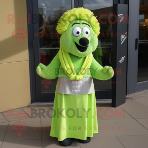 Lime Green Shepard'S Pie mascot costume character dressed with a Midi Dress and Scarf clips