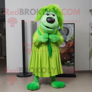 Lime Green Shepard'S Pie mascot costume character dressed with a Midi Dress and Scarf clips