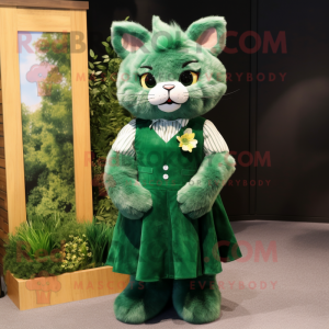 Forest Green Cat mascot costume character dressed with a Dress and Brooches