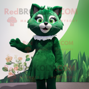 Forest Green Cat mascot costume character dressed with a Dress and Brooches