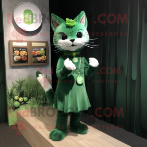 Forest Green Cat mascot costume character dressed with a Dress and Brooches