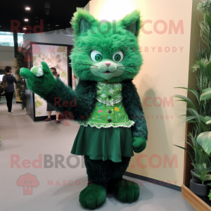 Forest Green Cat mascot costume character dressed with a Dress and Brooches