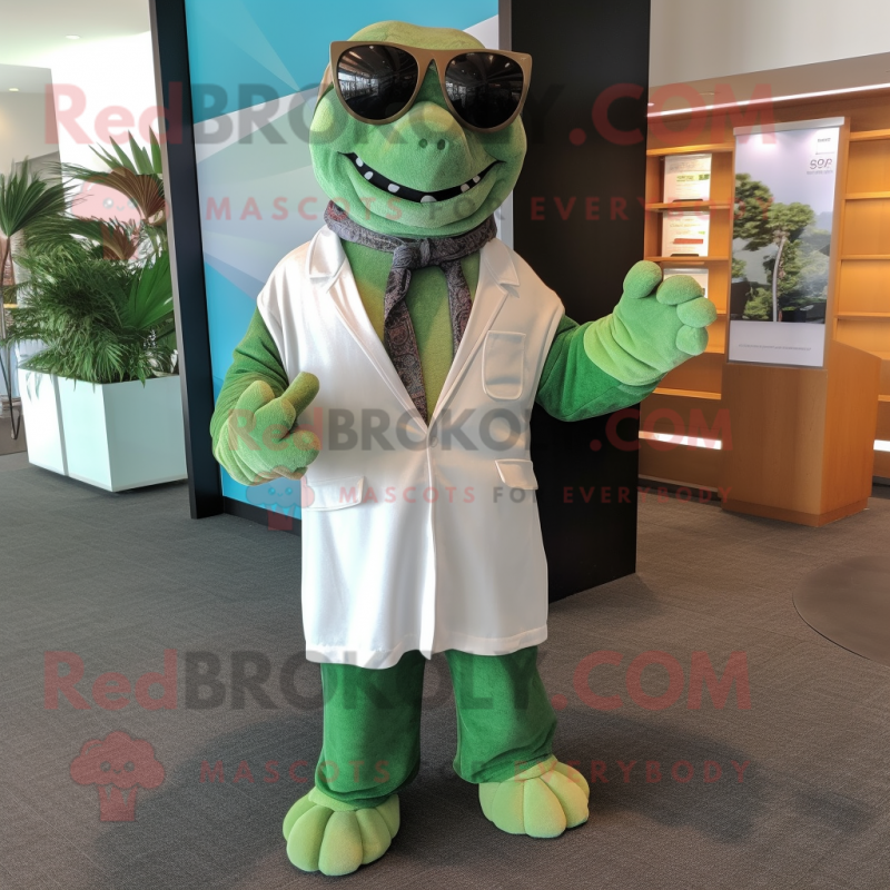 Forest Green Turtle mascot costume character dressed with a Maxi Dress and Pocket squares