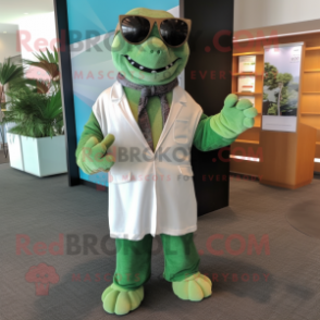 Forest Green Turtle mascot costume character dressed with a Maxi Dress and Pocket squares