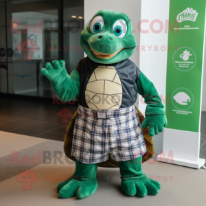 Forest Green Turtle mascot costume character dressed with a Maxi Dress and Pocket squares