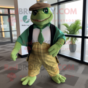 Forest Green Turtle mascot costume character dressed with a Maxi Dress and Pocket squares